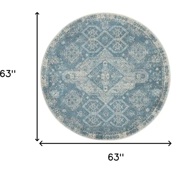 5' Ivory and Light Blue Oriental Distressed Round Rug Photo 3