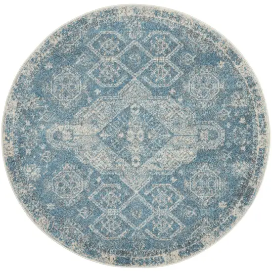 5' Ivory and Light Blue Oriental Distressed Round Rug Photo 2