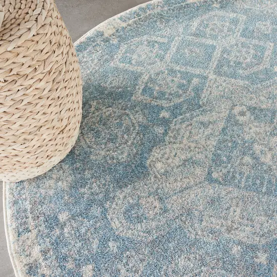 4' Ivory and Light Blue Oriental Distressed Round Rug Photo 5