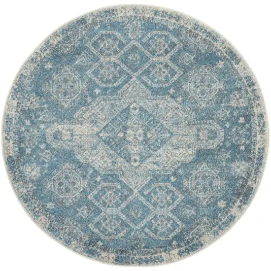 4' Ivory and Light Blue Oriental Distressed Round Rug Photo 2