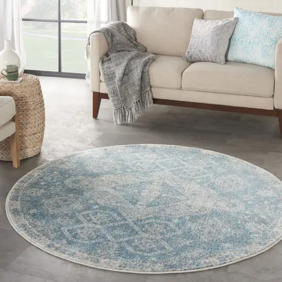 4' Ivory and Light Blue Oriental Distressed Round Rug Photo 8