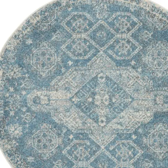 4' Ivory and Light Blue Oriental Distressed Round Rug Photo 6