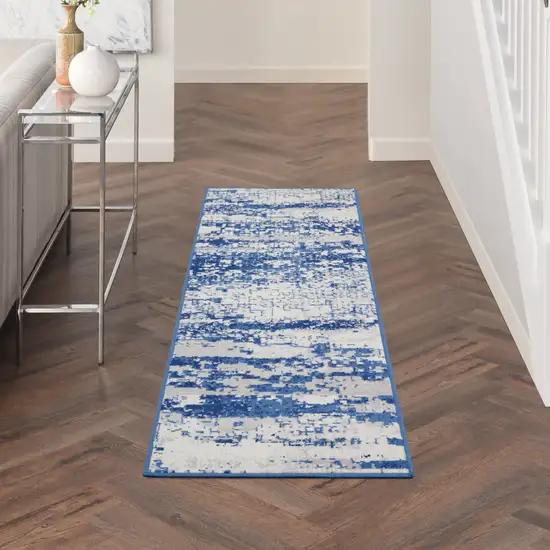 8' Ivory and Navy Blue Abstract Distressed Non Skid Runner Rug Photo 8