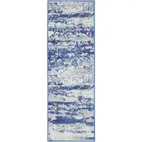 Photo of 8' Ivory and Navy Blue Abstract Distressed Non Skid Runner Rug