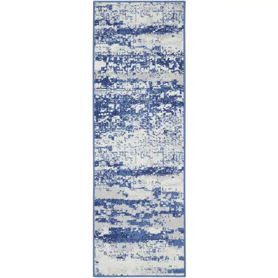 8' Ivory and Navy Blue Abstract Distressed Non Skid Runner Rug Photo 2