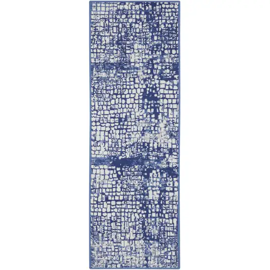 8' Ivory and Navy Blue Abstract Distressed Non Skid Runner Rug Photo 2