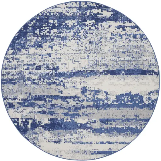 8' Ivory and Navy Blue Abstract Round Rug Photo 2