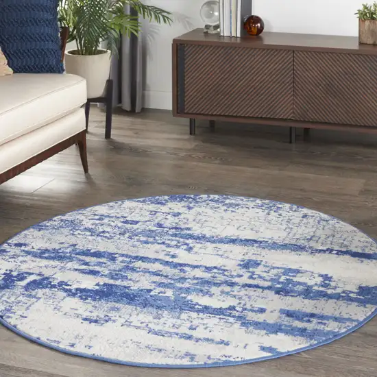 5' Ivory and Navy Blue Abstract Round Rug Photo 8