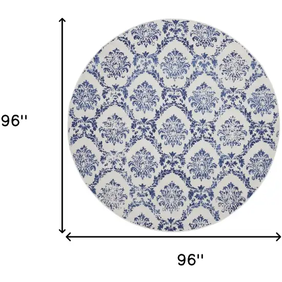 8' Ivory and Navy Blue Damask Distressed Round Rug Photo 3