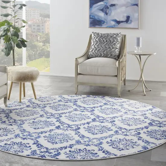 8' Ivory and Navy Blue Damask Distressed Round Rug Photo 6