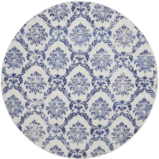 8' Ivory and Navy Blue Damask Distressed Round Rug Photo 2