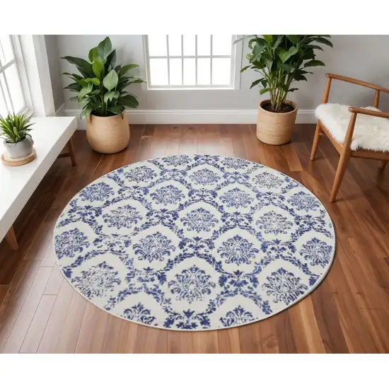 8' Ivory and Navy Blue Damask Distressed Round Rug Photo 1