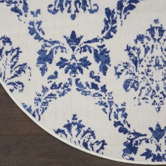 8' Ivory and Navy Blue Damask Distressed Round Rug Photo 7