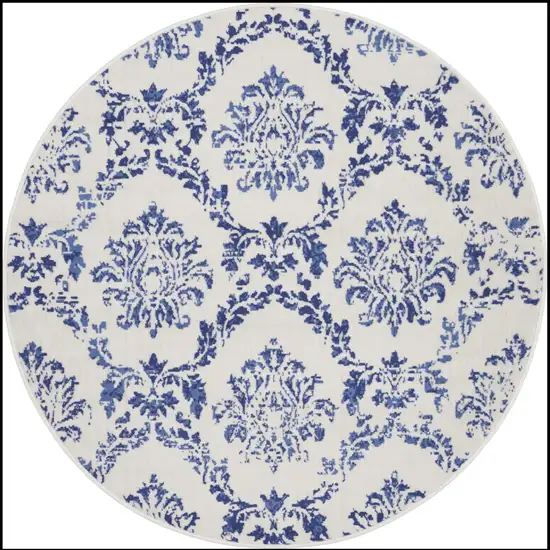 5' Ivory and Navy Blue Damask Distressed Round Rug Photo 2