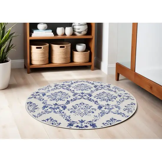 5' Ivory and Navy Blue Damask Distressed Round Rug Photo 1