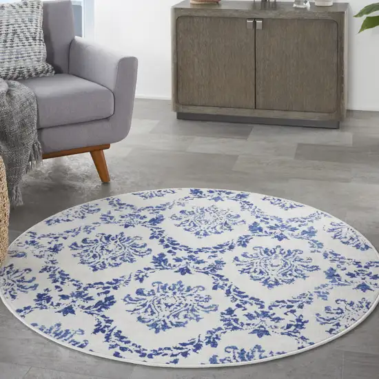 5' Ivory and Navy Blue Damask Distressed Round Rug Photo 6