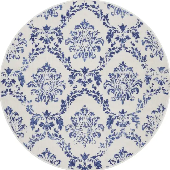 5' Ivory and Navy Blue Damask Distressed Round Rug Photo 5