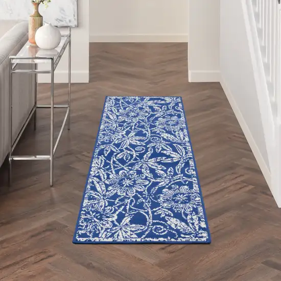 8' Ivory and Navy Blue Floral Distressed Non Skid Runner Rug Photo 6