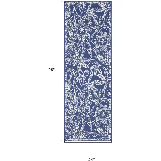 8' Ivory and Navy Blue Floral Distressed Non Skid Runner Rug Photo 3