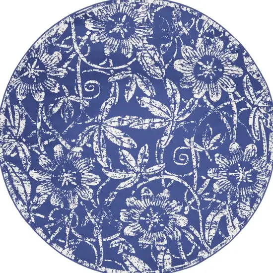 8' Ivory and Navy Blue Floral Distressed Round Rug Photo 5