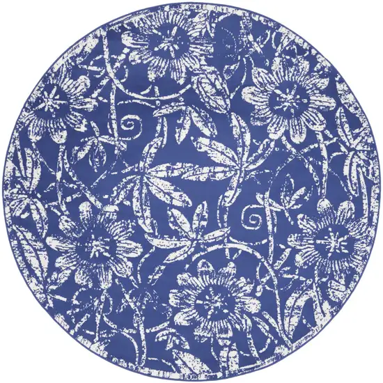 8' Ivory and Navy Blue Floral Distressed Round Rug Photo 2