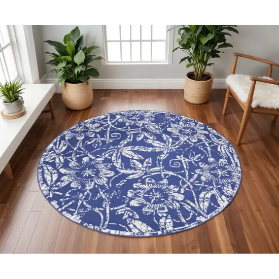 8' Ivory and Navy Blue Floral Distressed Round Rug Photo 1