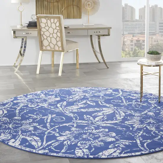 8' Ivory and Navy Blue Floral Distressed Round Rug Photo 6