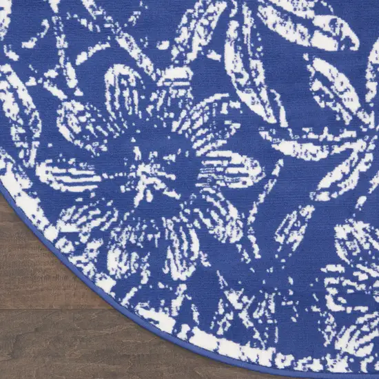 8' Ivory and Navy Blue Floral Distressed Round Rug Photo 7