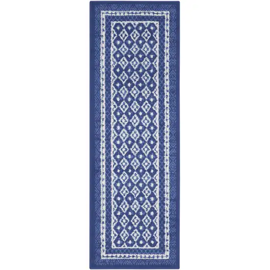 8' Ivory and Navy Blue Geometric Distressed Non Skid Runner Rug Photo 2