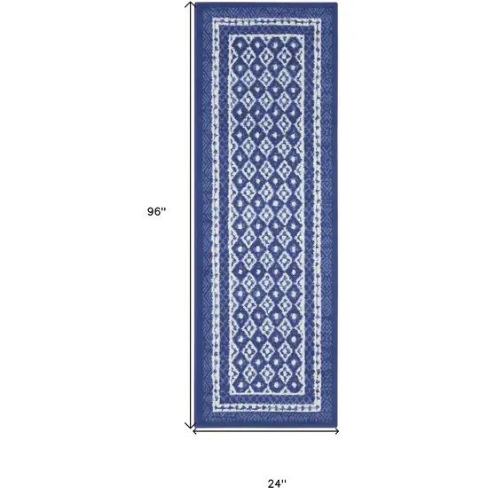 8' Ivory and Navy Blue Geometric Distressed Non Skid Runner Rug Photo 3