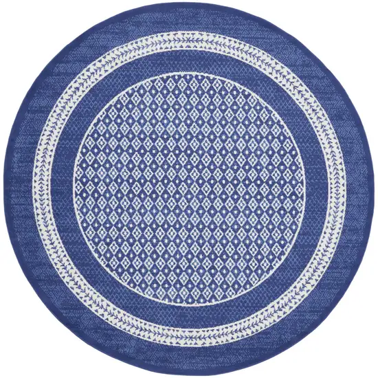 8' Ivory and Navy Blue Geometric Distressed Round Rug Photo 2