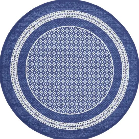 8' Ivory and Navy Blue Geometric Distressed Round Rug Photo 8