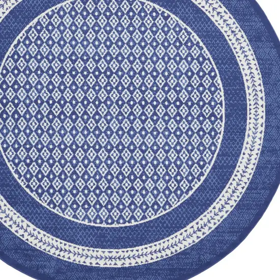 8' Ivory and Navy Blue Geometric Distressed Round Rug Photo 7