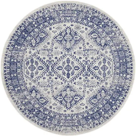 8' Ivory and Navy Blue Geometric Distressed Round Rug Photo 2