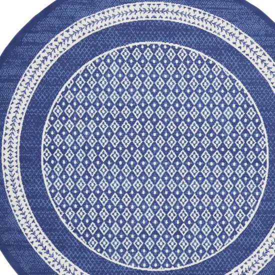 5' Ivory and Navy Blue Geometric Distressed Round Rug Photo 7