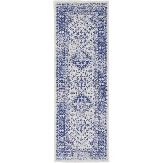 6' Ivory and Navy Blue Geometric Distressed Runner Rug Photo 2