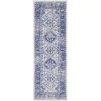 Photo of 6' Ivory and Navy Blue Geometric Distressed Runner Rug