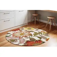 Photo of 6' Ivory and Red Botanical Leaves Round Rug