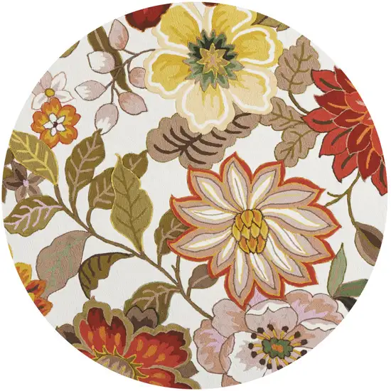 6' Ivory and Red Botanical Leaves Round Rug Photo 4