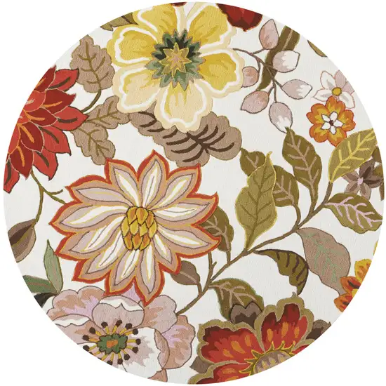 6' Ivory and Red Botanical Leaves Round Rug Photo 2