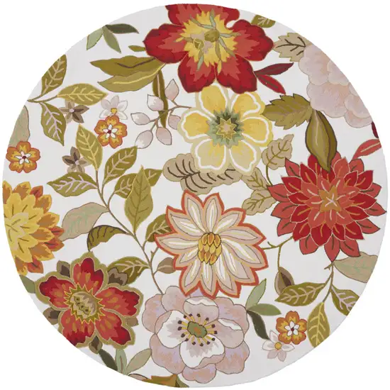 8' Ivory and Red Botanical Leaves Round Rug Photo 5