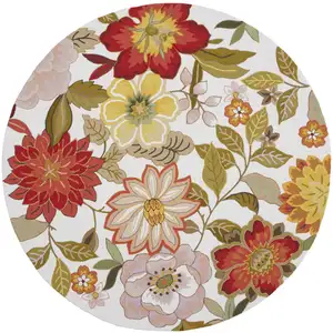 Photo of 8' Ivory and Red Botanical Leaves Round Rug