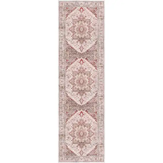 8' Ivory and Red Floral Medallion Distressed Non Skid Runner Rug Photo 2