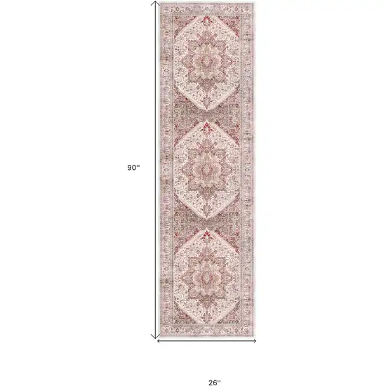 8' Ivory and Red Floral Medallion Distressed Non Skid Runner Rug Photo 3