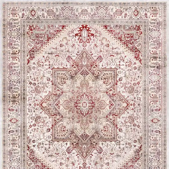 8' Ivory and Red Floral Medallion Distressed Non Skid Runner Rug Photo 9