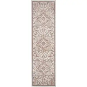 Photo of 8' Ivory and Red Floral Non Skid Runner Rug