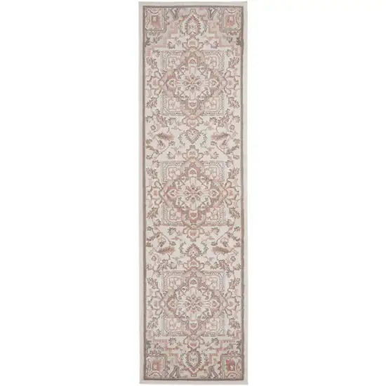 8' Ivory and Red Floral Non Skid Runner Rug Photo 2