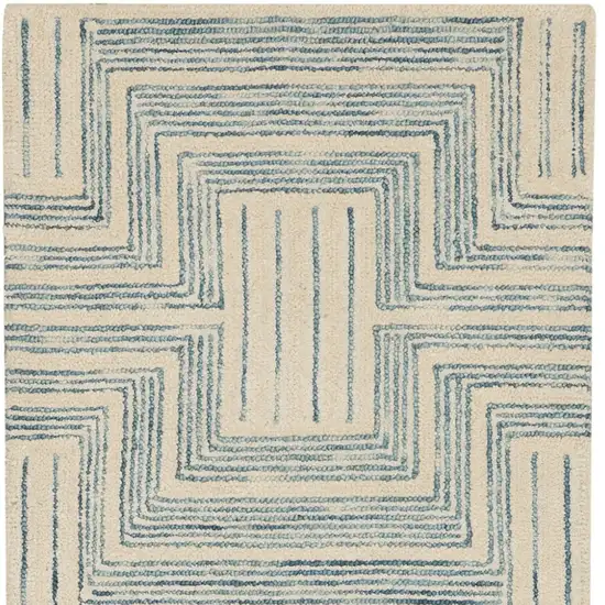 8' Ivory and Turquoise Wool Geometric Runner Rug Photo 8