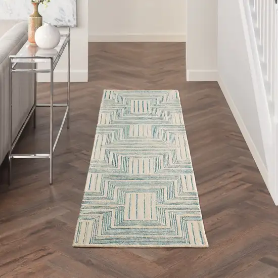 8' Ivory and Turquoise Wool Geometric Runner Rug Photo 9