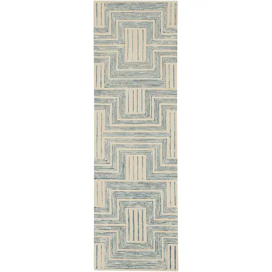 8' Ivory and Turquoise Wool Geometric Runner Rug Photo 2